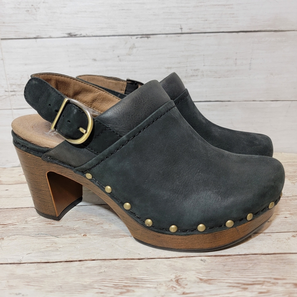 Dansko Gray Leather Mules with Wooden Heel